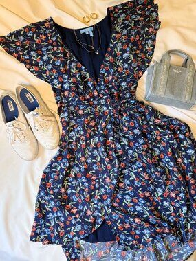 Draper James RSVP Floral Wrap Dress Size L Navy Blue Midi Southern Chic